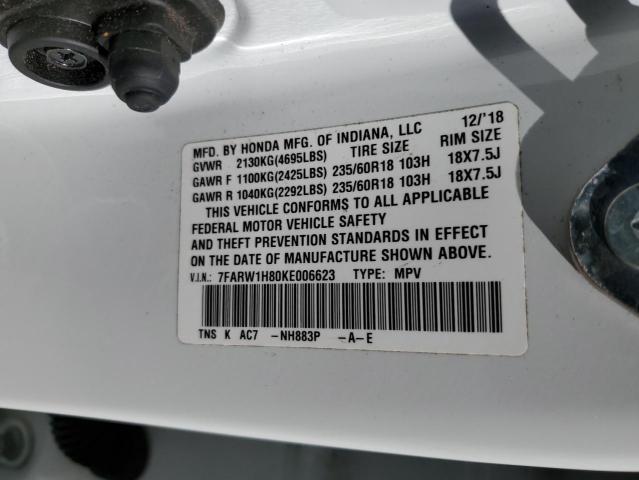 7FARW1H80KE006623 - 2019 HONDA CR-V EXL WHITE photo 10