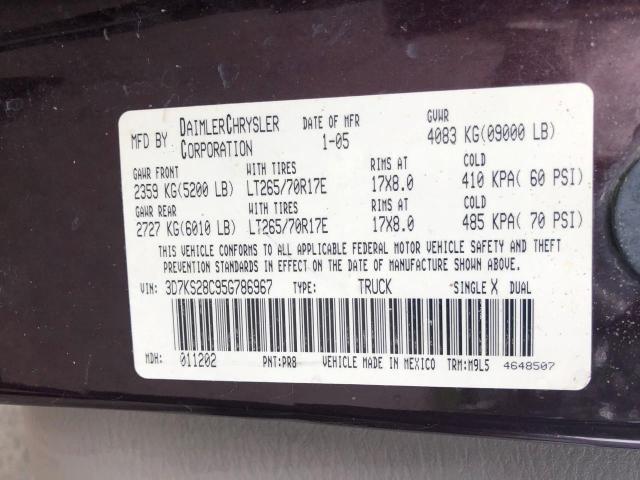 3D7KS28C95G786967 - 2005 DODGE RAM 2500 ST MAROON photo 10