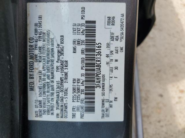 3FAHP0JA8CR136165 - 2012 FORD FUSION SEL CHARCOAL photo 12