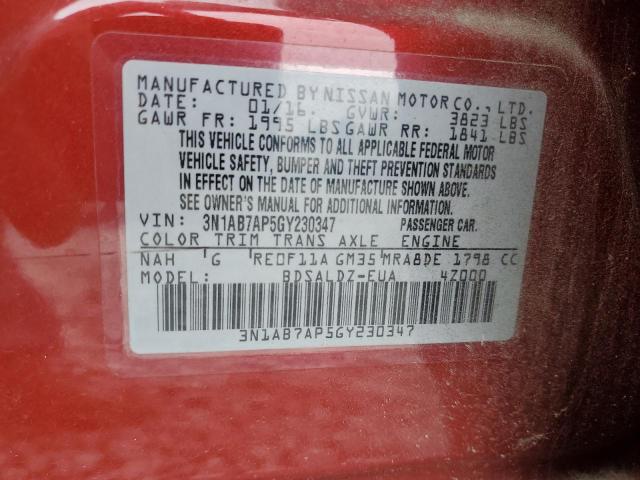 3N1AB7AP5GY230347 - 2016 NISSAN SENTRA S RED photo 12