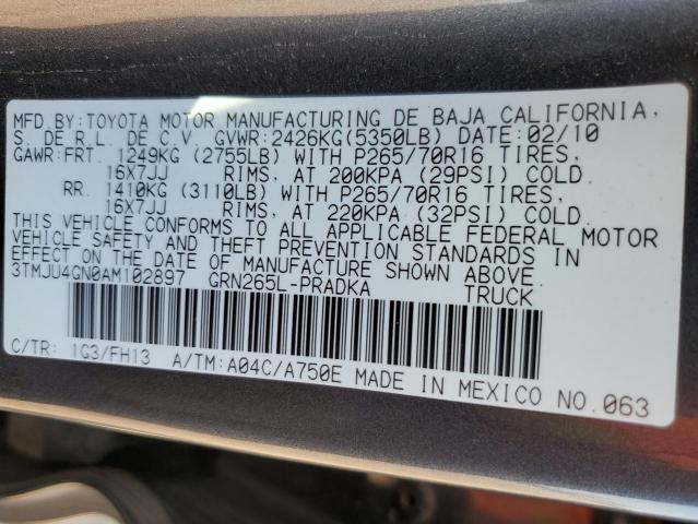 3TMJU4GN0AM102897 - 2010 TOYOTA TACOMA DOUBLE CAB PRERUNNER GRAY photo 12