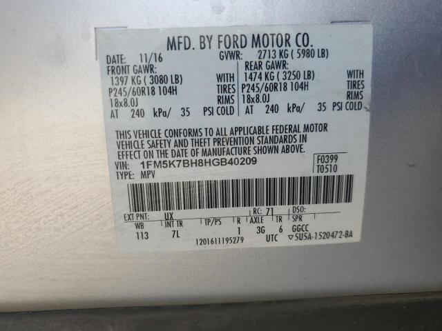 1FM5K7BH8HGB40209 - 2017 FORD EXPLORER SILVER photo 13