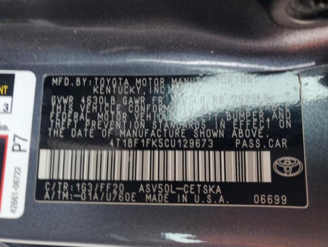 4T1BF1FK5CU129673 - 2012 TOYOTA CAMRY BASE GRAY photo 12