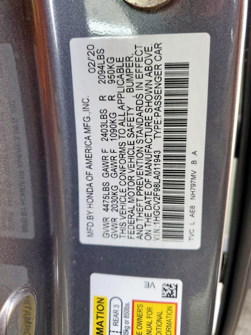 1HGCV2F98LA011943 - 2020 HONDA ACCORD TOURING GRAY photo 12