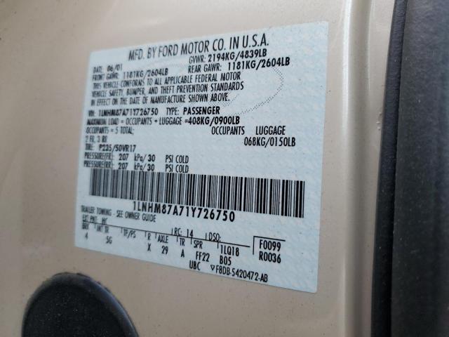 1LNHM87A71Y726750 - 2001 LINCOLN LS Bej foto 12