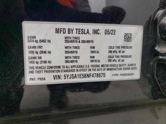 5YJSA1E58NF478675 - 2022 TESLA MODEL S 黑色 照片 12