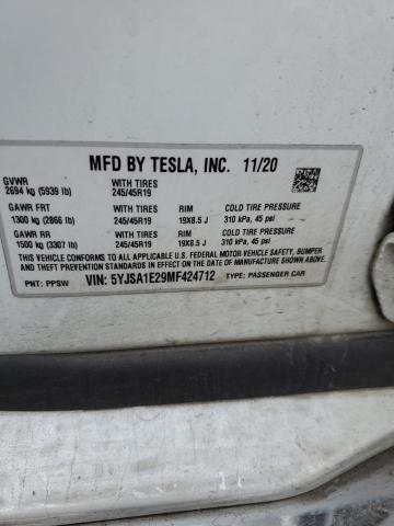 5YJSA1E29MF424712 - 2021 TESLA MODEL S Սպիտակ լուսանկար 12