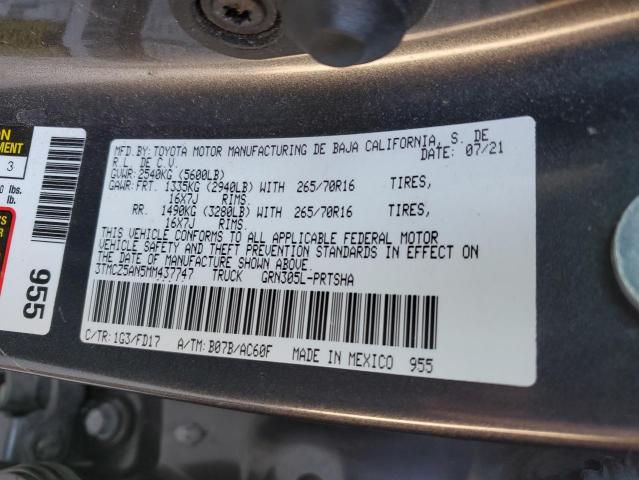 3TMCZ5AN5MM437747 - 2021 TOYOTA TACOMA DOUBLE CAB CHARCOAL photo 12