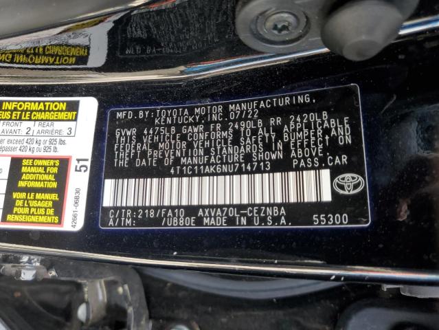 4T1C11AK6NU714713 - 2022 TOYOTA CAMRY LE BLACK photo 12