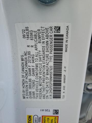 2HGFE2F56NH587920 - 2022 HONDA CIVIC SPORT 白色 照片 12