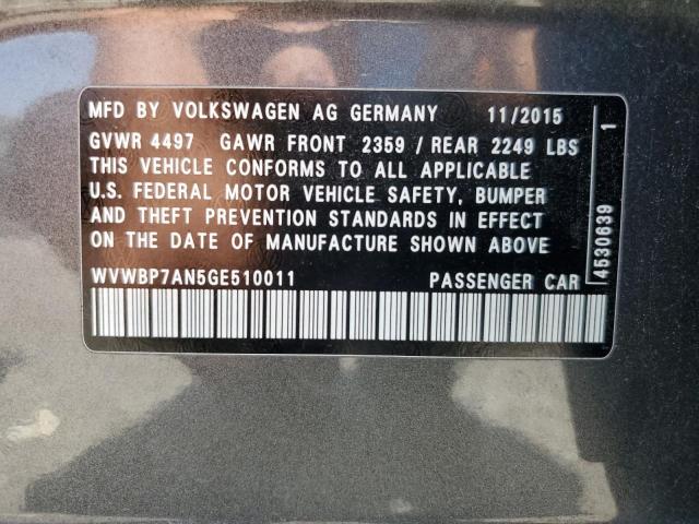 WVWBP7AN5GE510011 - 2016 VOLKSWAGEN CC BASE GRAY photo 12