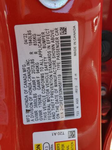 2HGFE2F53NH581119 - 2022 HONDA CIVIC SPORT 红色 照片 12
