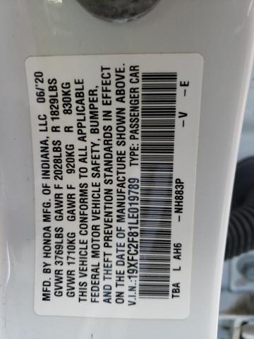 19XFC2F81LE019789 - 2020 HONDA CIVIC SPORT WHITE photo 12