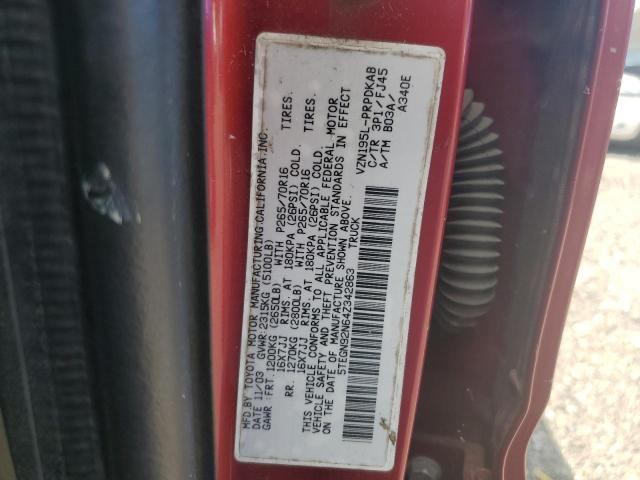 5TEGN92N64Z342863 - 2004 TOYOTA TACOMA DOUBLE CAB PRERUNNER RED photo 12