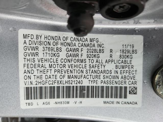 2HGFC2F8XLH521240 - 2020 HONDA CIVIC SPORT 银色 照片 12