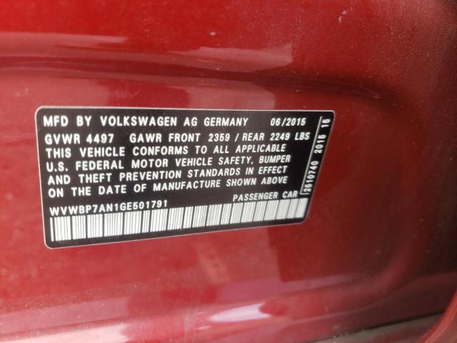 WVWBP7AN1GE501791 - 2016 VOLKSWAGEN CC BASE RED photo 12
