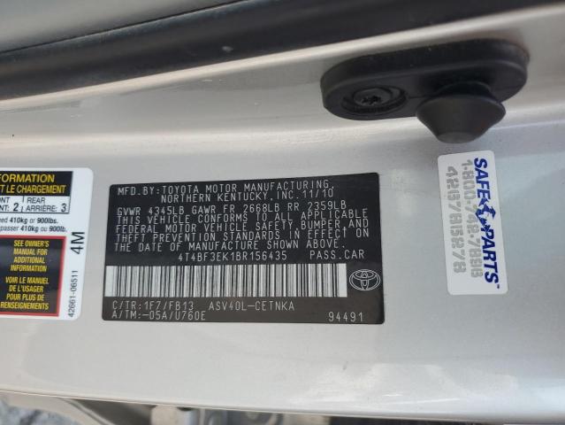 4T4BF3EK1BR156435 - 2011 TOYOTA CAMRY BASE SILVER photo 12