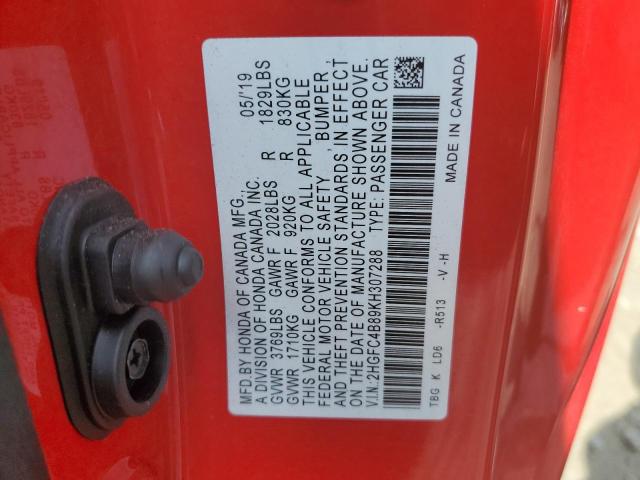 2HGFC4B89KH307288 - 2019 HONDA CIVIC SPORT 红色 照片 12