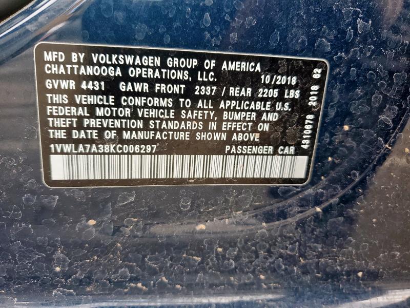 1VWLA7A38KC006297 - 2019 VOLKSWAGEN PASSAT WOLFSBURG Azul foto 12