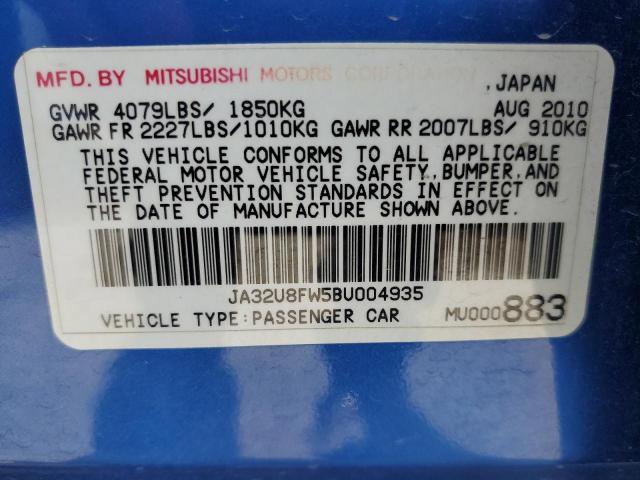 JA32U8FW5BU004935 - 2011 MITSUBISHI LANCER GTS BLUE photo 12