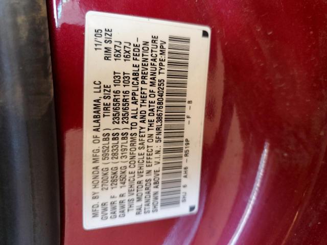 5FNRL38676B040255 - 2006 HONDA ODYSSEY EXL RED photo 10