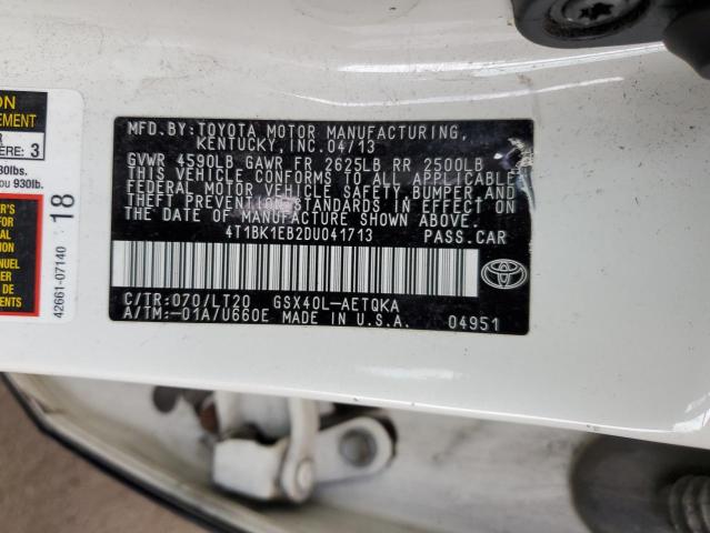 4T1BK1EB2DU041713 - 2013 TOYOTA AVALON BASE 白色 照片 12