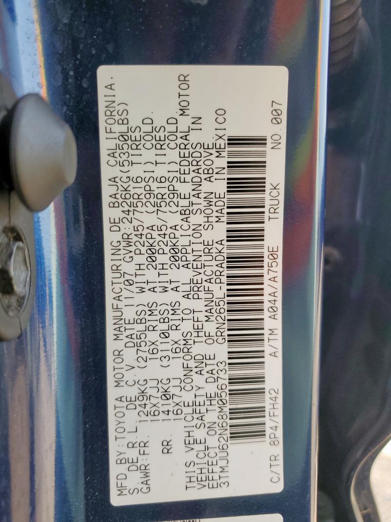 3TMJU62N68M056733 - 2008 TOYOTA TACOMA DOUBLE CAB PRERUNNER BLUE photo 12