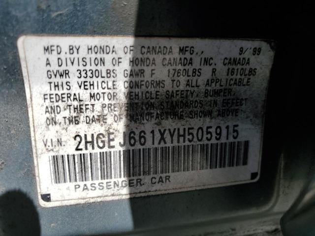 2HGEJ661XYH505915 - 2000 HONDA CIVIC BASE BLUE photo 12
