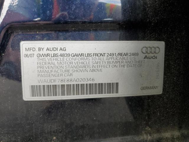 WAUDF78E88A020346 - 2008 AUDI A4 2.0T QUATTRO BLUE photo 12