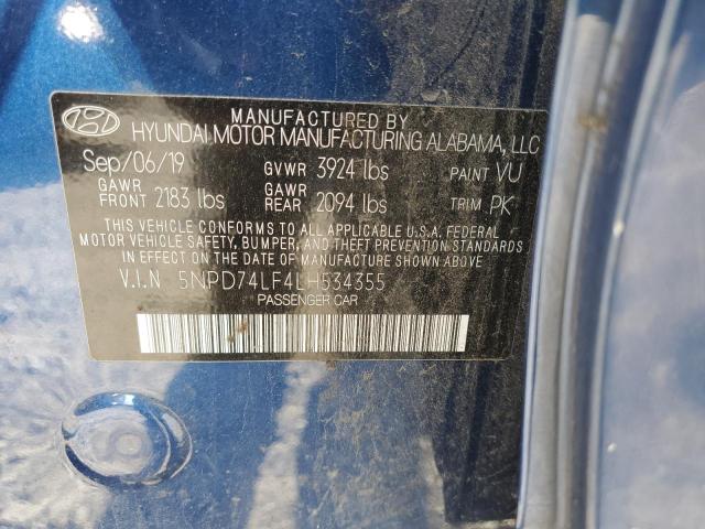 5NPD74LF4LH534355 - 2020 HYUNDAI ELANTRA SE BLUE photo 12