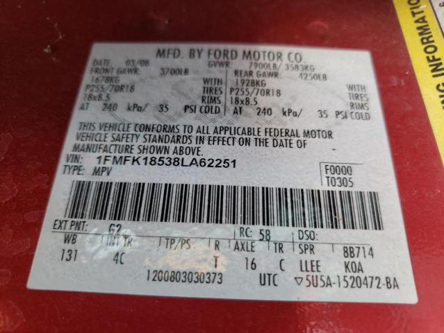 1FMFK18538LA62251 - 2008 FORD EXPEDITION EL EDDIE BAUER RED photo 10