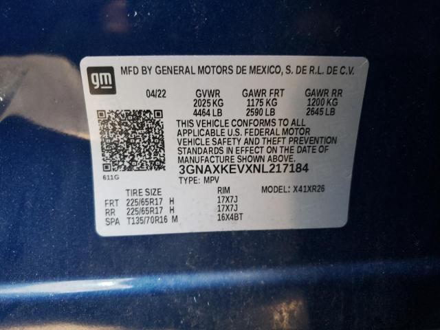 3GNAXKEVXNL217184 - 2022 CHEVROLET EQUINOX LT BLUE photo 12