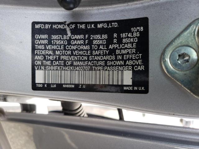 SHHFK7H42KU402707 - 2019 HONDA CIVIC SPORT SILVER photo 14