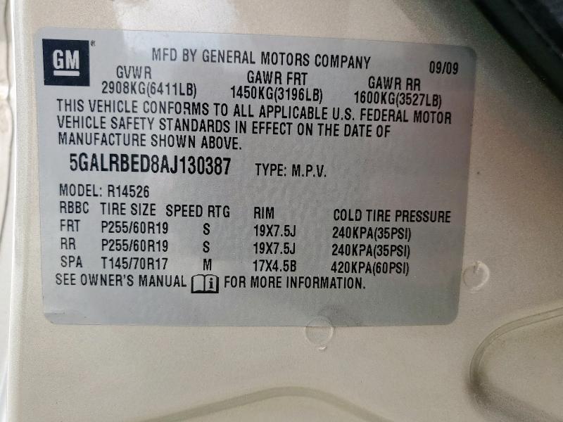 5GALRBED8AJ130387 - 2010 BUICK ENCLAVE CXL TAN photo 13