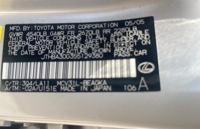 JTHBA30G355129380 - 2005 LEXUS ES 330 SILVER photo 10