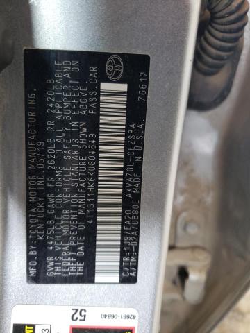 4T1B11HK6KU804649 - 2019 TOYOTA CAMRY L SILVER photo 12