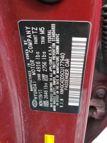KMHGC4DD5CU177940 - 2012 HYUNDAI GENESIS 3.8L ბურგუნდია ფოტო 12