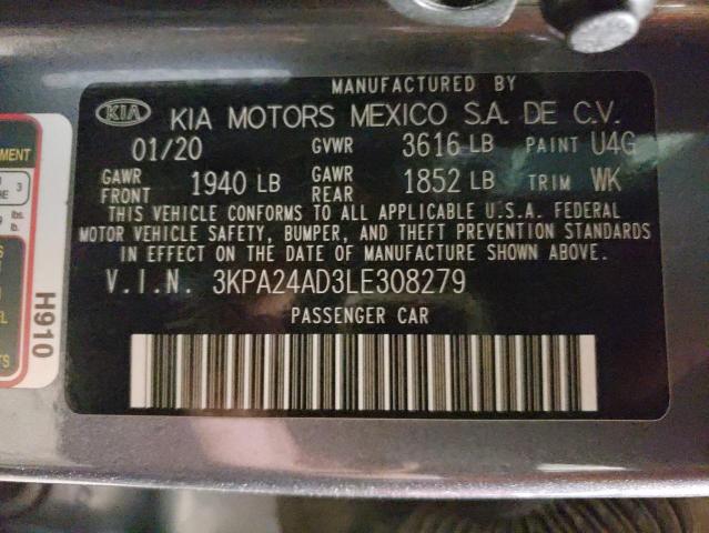 3KPA24AD3LE308279 - 2020 KIA RIO LX GRAY photo 12