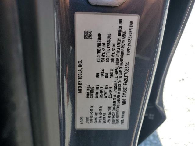 5YJ3E1EA2LF708584 - 2020 TESLA MODEL 3 GRAY photo 12