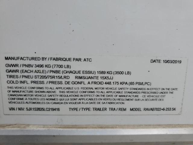 5JX1S2825LC219416 - 2020 ALUM TRAILER WHITE photo 10