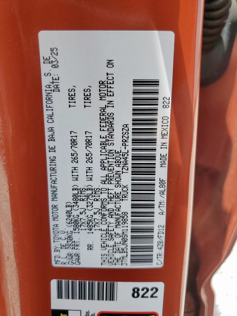 3TMLB5JN0SM119858 - 2025 TOYOTA TACOMA DOUBLE CAB 橙色 照片 12