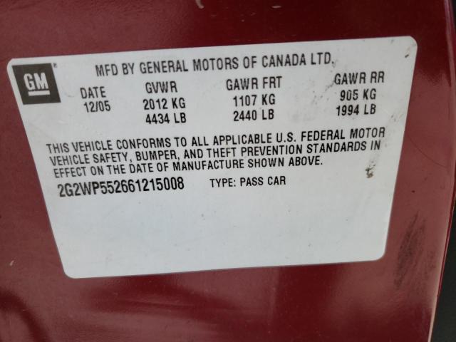 2G2WP552661215008 - 2006 PONTIAC GRAND PRIX 勃艮第红 照片 12