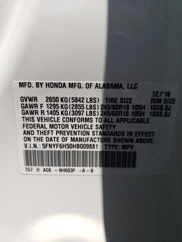 5FNYF6H50HB009881 - 2017 HONDA PILOT EXL WHITE photo 13