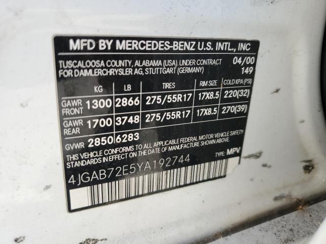 4JGAB72E5YA192744 - 2000 MERCEDES-BENZ ML 430 WHITE photo 13