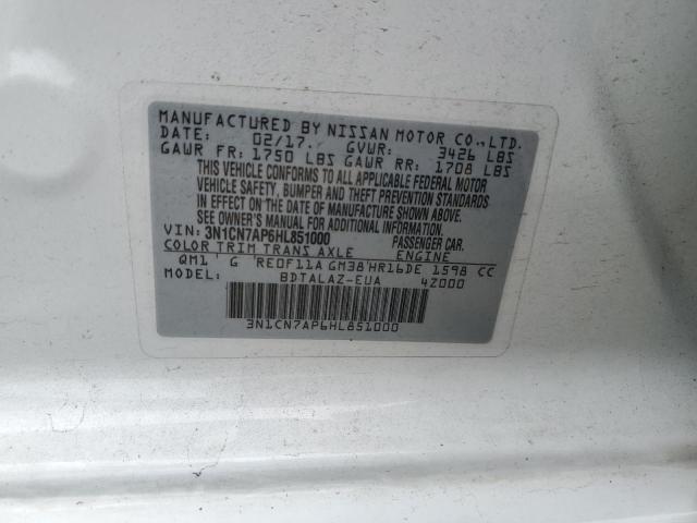 3N1CN7AP6HL851000 - 2017 NISSAN VERSA S WHITE photo 12