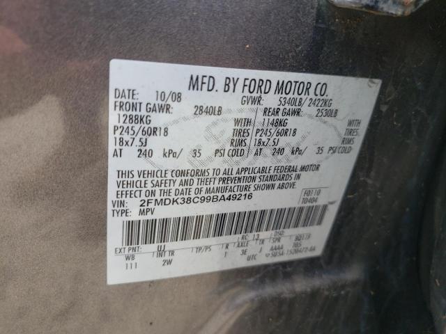 2FMDK38C99BA49216 - 2009 FORD EDGE SEL GRAY photo 12