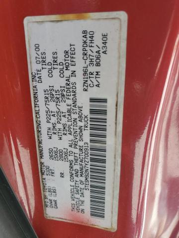 5TESM92N7YZ700913 - 2000 TOYOTA TACOMA XTRACAB PRERUNNER 红色 照片 12