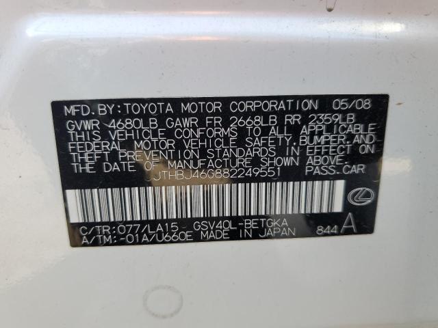 JTHBJ46G882249551 - 2008 LEXUS ES 350 WHITE photo 12