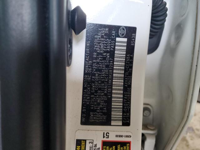 4T1B11HKXKU812947 - 2019 TOYOTA CAMRY L WHITE photo 13