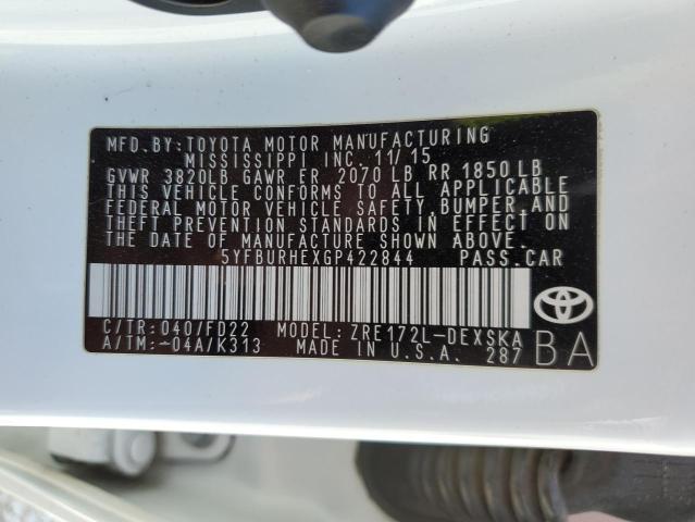 5YFBURHEXGP422844 - 2016 TOYOTA COROLLA L WHITE photo 13